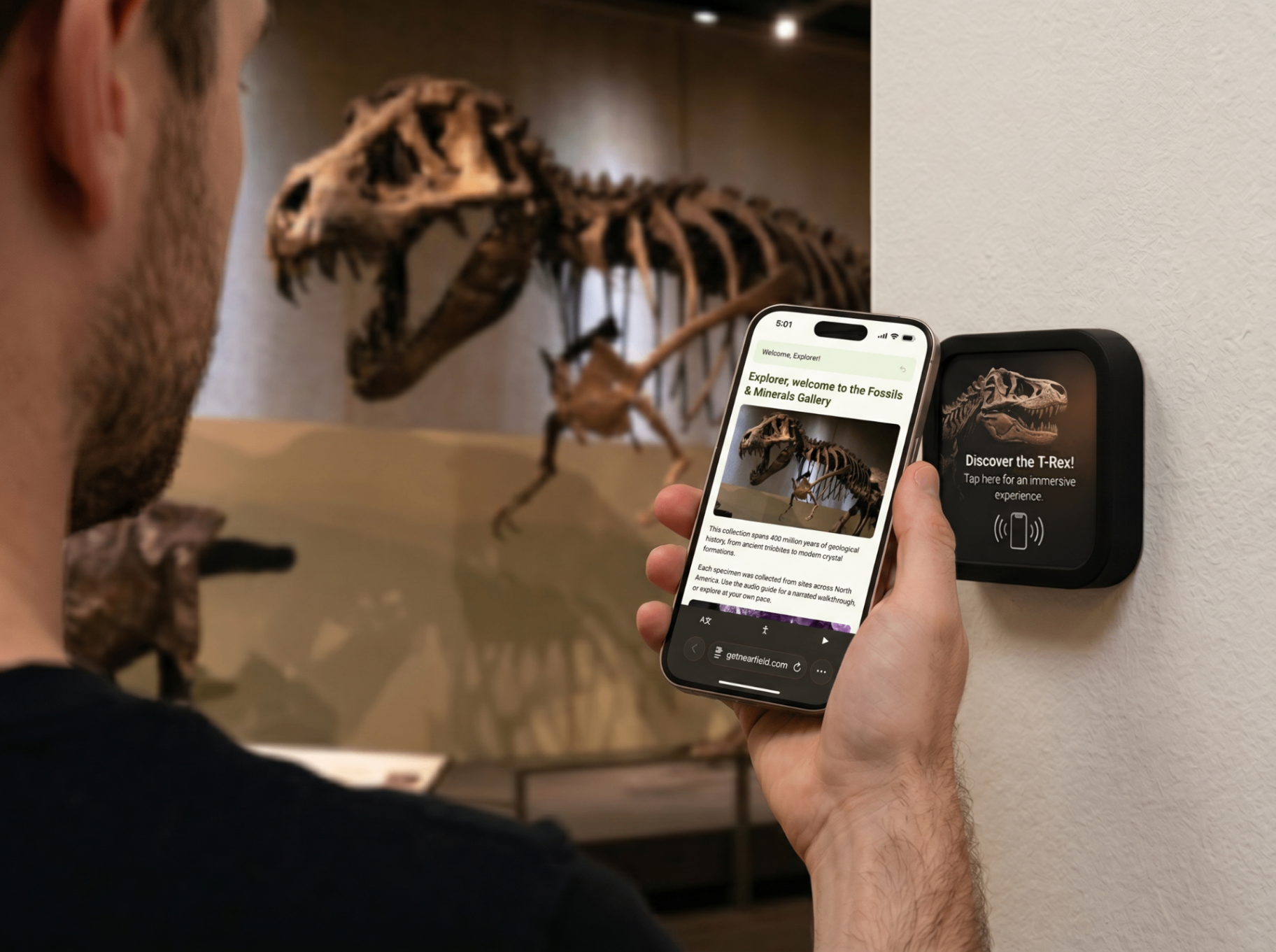 A visitor taps their phone to a NearField Marker and the Experience opens instantly
